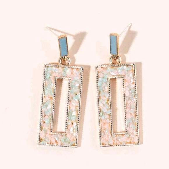 2/$30🌵 Pastel Mini Tumbled Stones Glitter Sparkle Rectangle Frame Gold Earrings - Picture 1 of 9